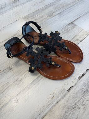 Tory Burch Black Leather Logo T-Strap Sandals with Tan Footbed